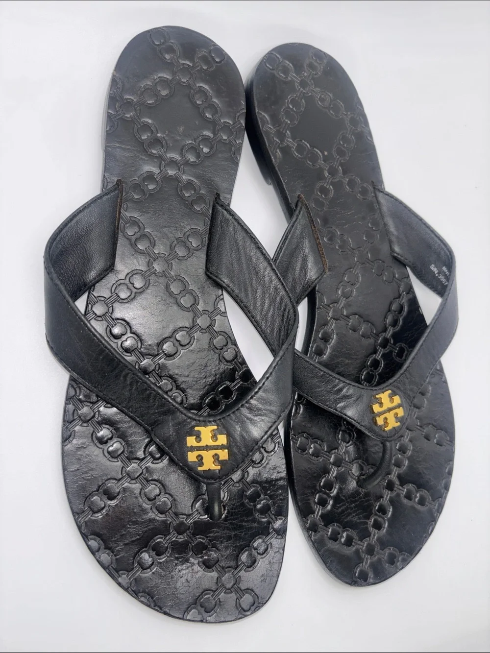 Tory Burch Black Leather Logo Thong Sandals with Gold Emblem